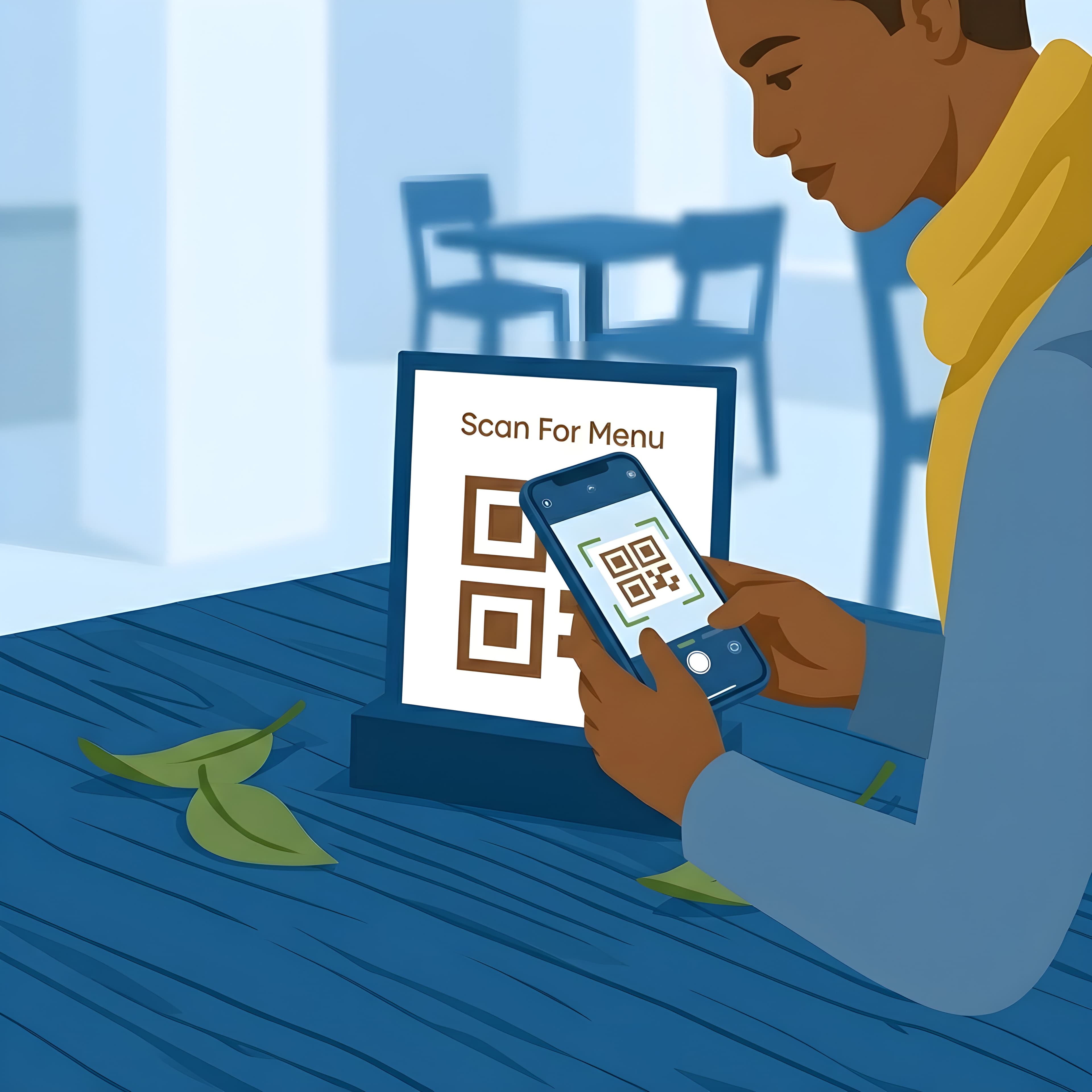 Customer scanning a QR menu stand with their phone