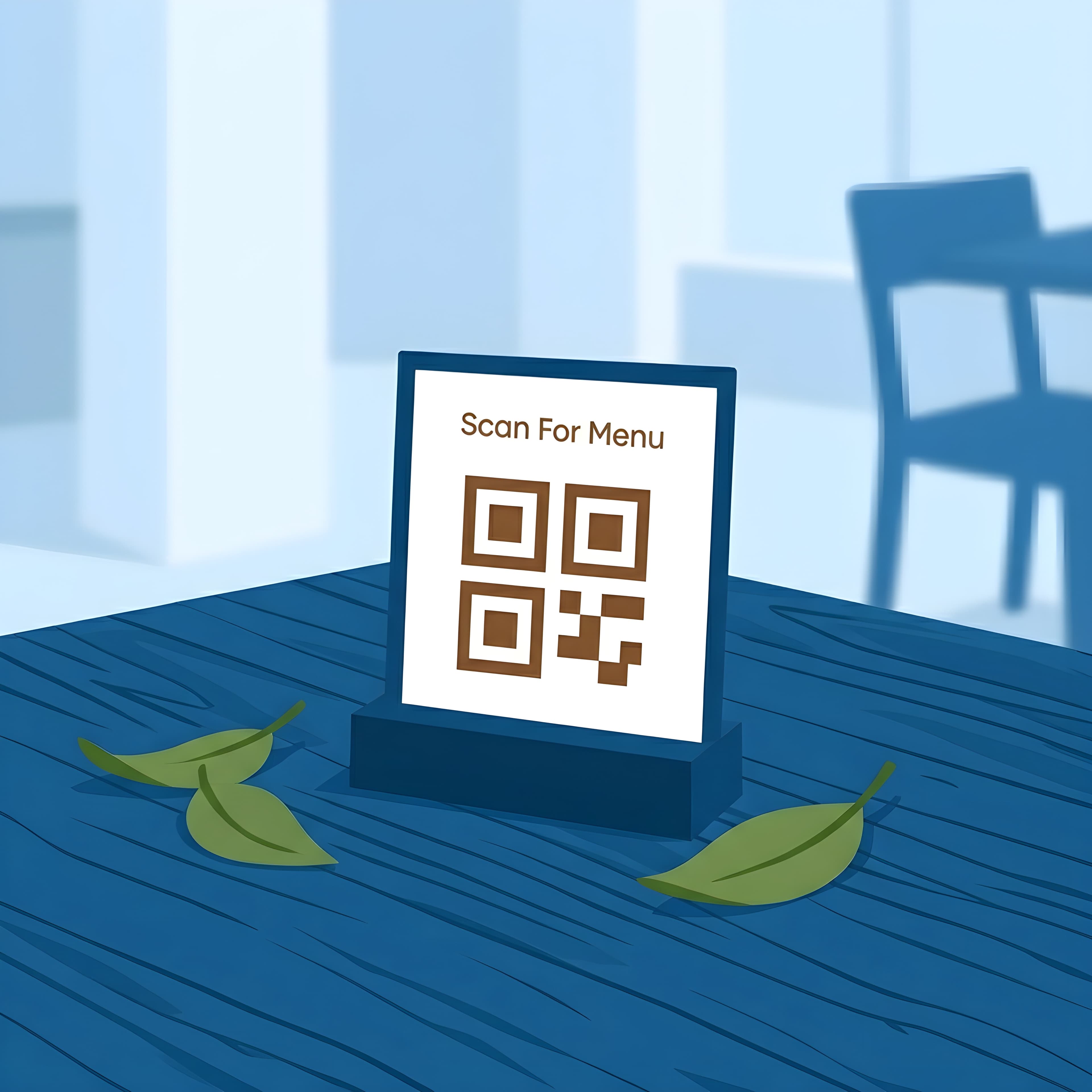 QR menu stand on a restaurant table that says Scan For Menu